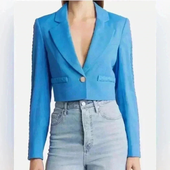 Veronica Beard Behren Blue Cropped Woven Braided Blazer Jacket 14 Shoulder Pads - Picture 2 of 15